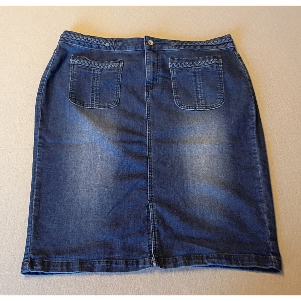 Women's Cato Knee Length Jean Skirt Sz‎ 18W Plus Dark Wash Denim Braided Pockets